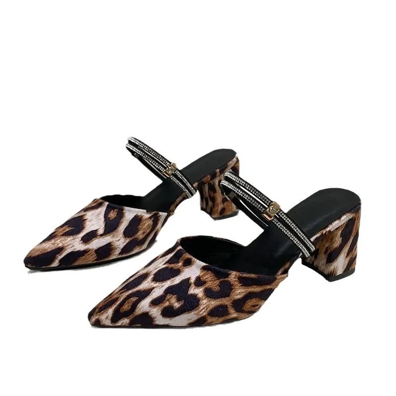 Baotou High-heeled Sandals for Women 2025 Summer New Style, Leopard Print Two-wear Pointed-toe Thick-heeled Slippers for Women
