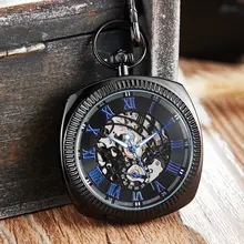 

Retro Antique Black Golden Mechanical Pocket Watch Men Women Blue Roman Numerals Dial Clock Luxury Skeleton FOB Chain Watches