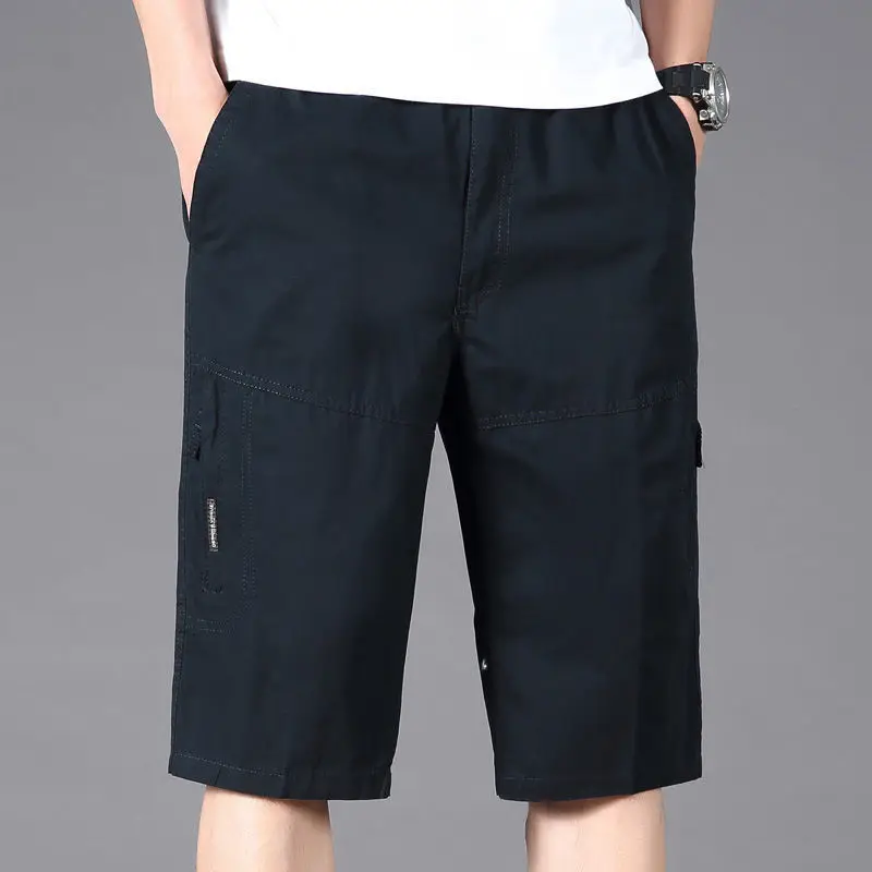 Summer Men's Pure Cotton Casual Shorts Oversized Loose Fitting Cropped Pants Solid Color Multi Pocket Workwear Capris