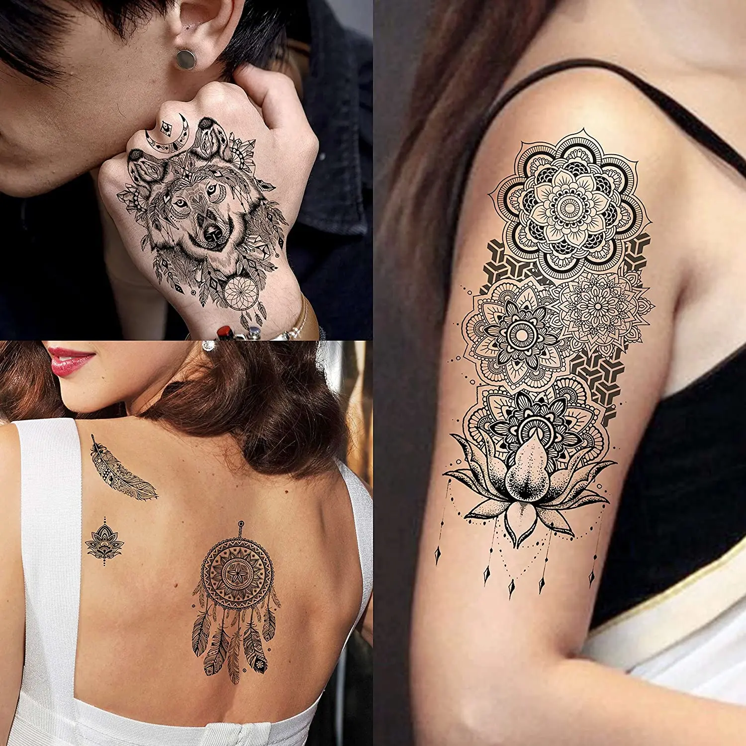 10 fogli tatuaggi temporanei all'henné nero per le donne tatuaggio del  braccio della ragazza falso Mandala fiore animali tribali autoadesivo del tatuaggio  acchiappasogni, image size:1500x1500