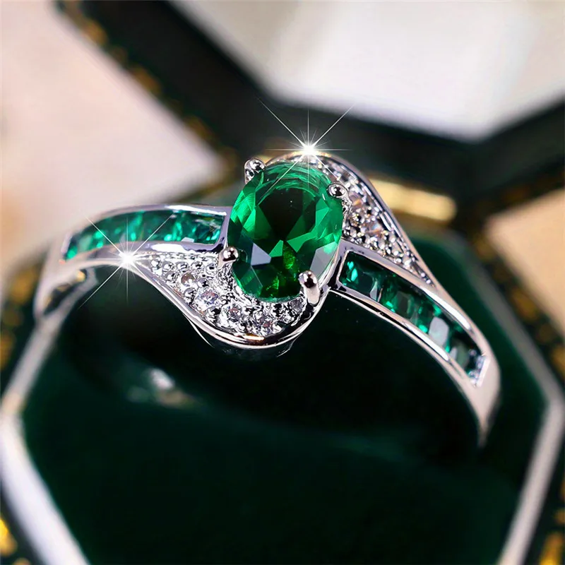 Luxury Female Crystal Blue Green Oval Zircon Stone Engagement Ring Cute Wedding Jewelry For Women