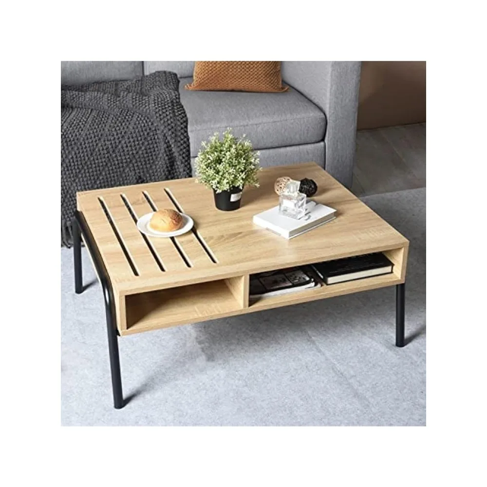 

FurnitureR Modern Coffee Table with Open Storage Shelf, Rectangle Tabletop Wood Tea Cocktail Living Room Center Table, Oak