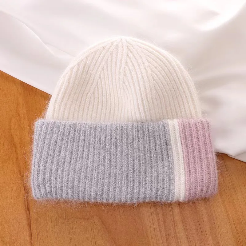 Knitted Beanie Hat For Women Warm Winter Rabbit Fur Patchwork_voghion.com