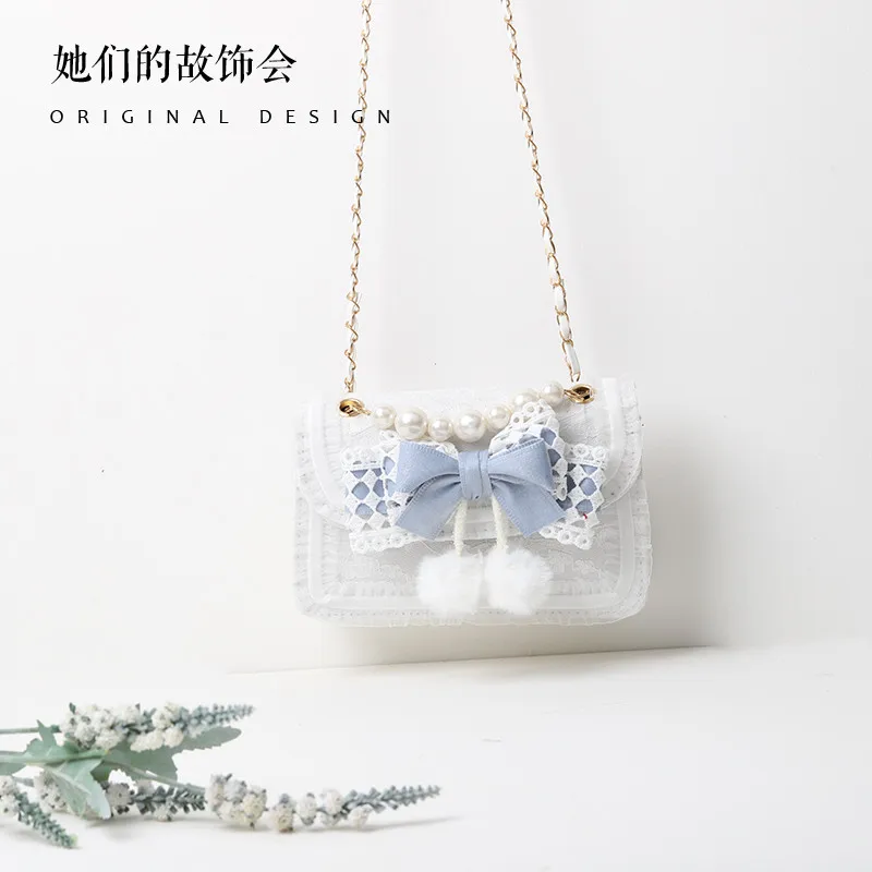 Lolita Bag Girl Cute Blue JK Portable Shoulder Bag Sweet Bowknot Fur Ball Messenger Bag for Women