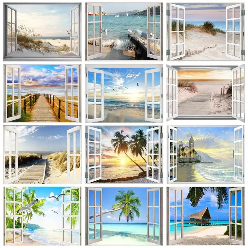 Photocustom Painting By Numbers Per Adulti Con Cornice Beach Cabin Picture Numbers Handpainted Sea Landscape Home Wall Decor