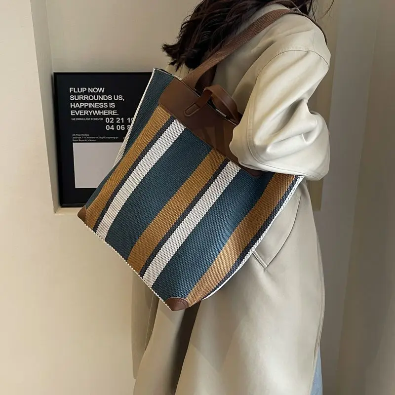 New Striped Canvas Reusable Grocery Bag Women's Large Capacity Fashion Versatile Shoulder Bag Student Class Commuter Tote Bag