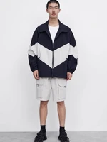 Jackets Men Patchwork Color Loose Zippered Stand Collar Tracksuit Windbreaker Coats Hip Hop Female Streetwear Outwear Color - Image 5