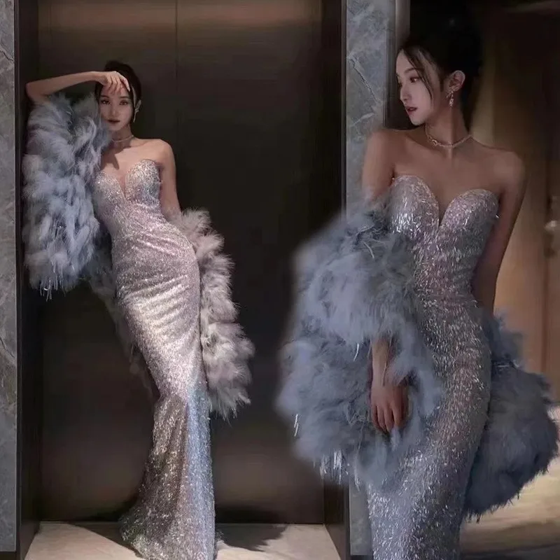 

Gray Strapless Fishtail Female New Toast Dress Host Performance