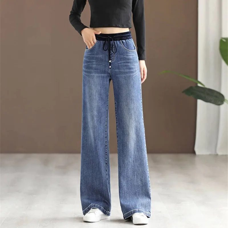 

2023 New Women High Waist Large Size Denim Baggy Pants Mom Drawstring Wide Leg Jeans Casual Vintage Straight Pantalones Vaqueros
