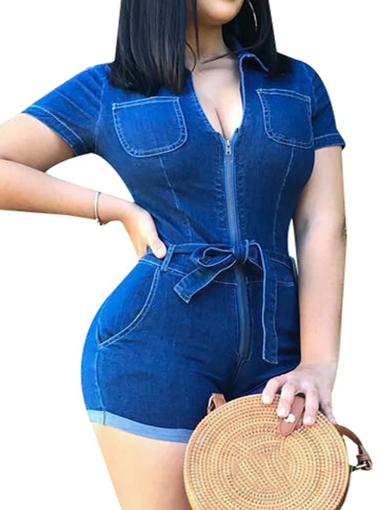 

Denim Tight Jumpsuit Shorts Women With Zipper Pockets Short Sleeve Playsuit Night Clubwear Evening Party Sexy Bodycon Jumpsuit