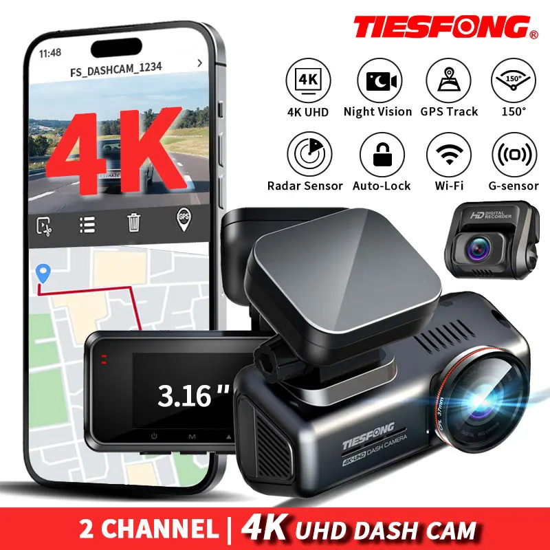 

TIESFONG I5SE 4K Dash Cam+1080P Rear Camera UHD Dual Channel 150FOV DVR Built-in GPS/WIFI WDR Night Vision Support 24H Parking