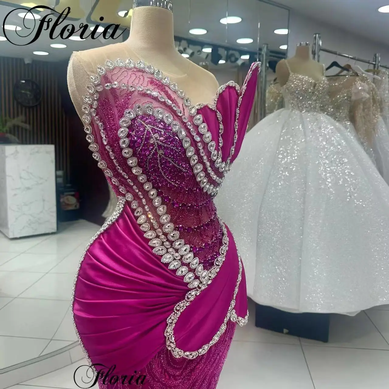Fuchsia Cocktail Dresses Mermaid Crystals Evening Gowns Grand Party Dresses Custom