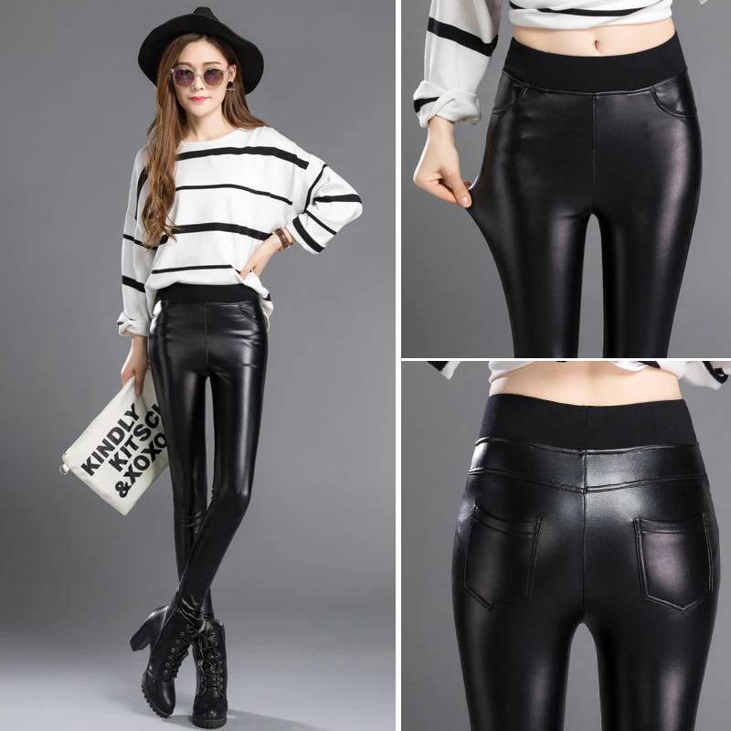 high waisted leggings Winter Warm Pants Female PU High Waist Leather Trousers Elastic Pencil Skinny Pants Women's Tight Pants Plus Size Leggings lululemon align leggings