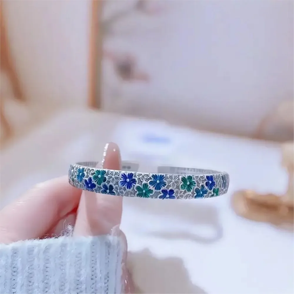 Silver Color Enamel Flower Heart Sutra Cuff Bangle for Women Vintage Flower Engraving Bangles Best Gifts for Girl Jewelry Gifts