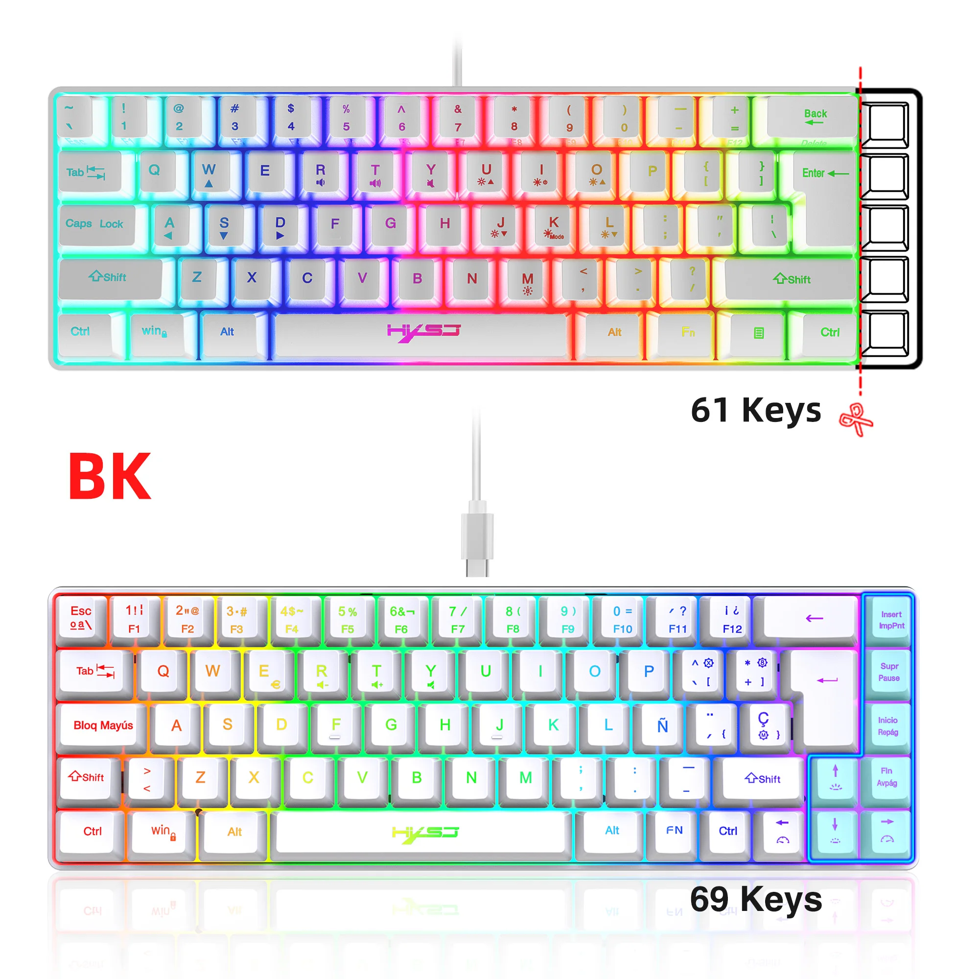 Teclado Portátil com Fio Usb 68 Teclas 20 Rgb Backlight Windows Laptops Computador Coreano Espanhol Inglês - Imagem 6