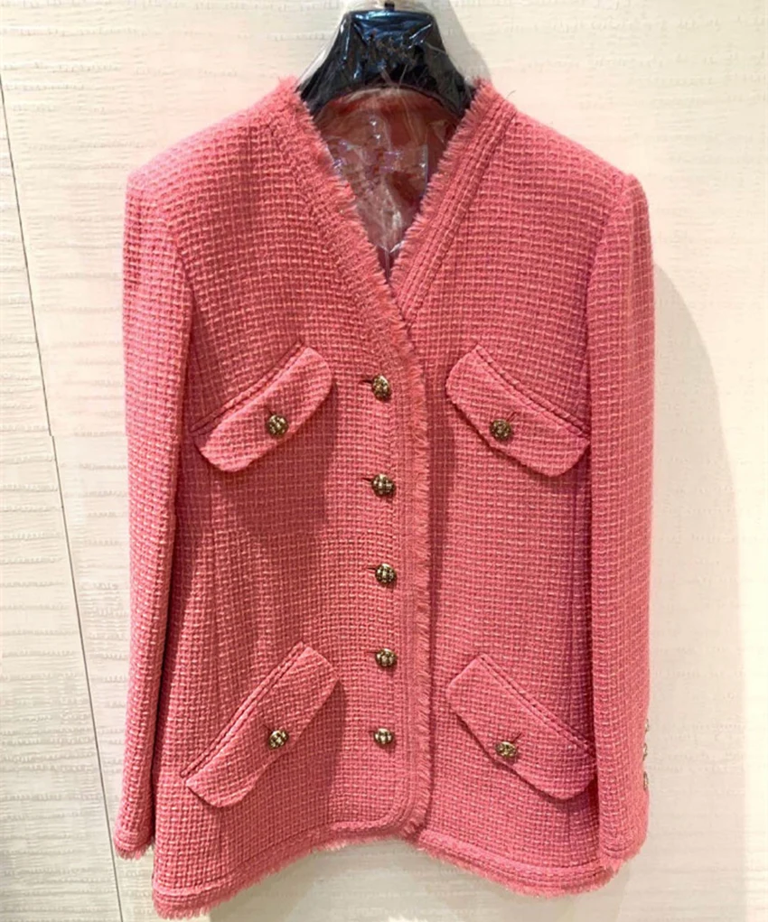 

Autumn Hot Chic Women's Elegant High Quality Pink Color V-neck Tweed Coat A604