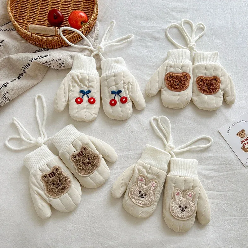 Korean Thick Cartoon Bear Hanging Neck Gloves Baby Winter Fingerless Gloves Cute Bunny Plush Warmer Mittens Boy Girl Kids Gifts