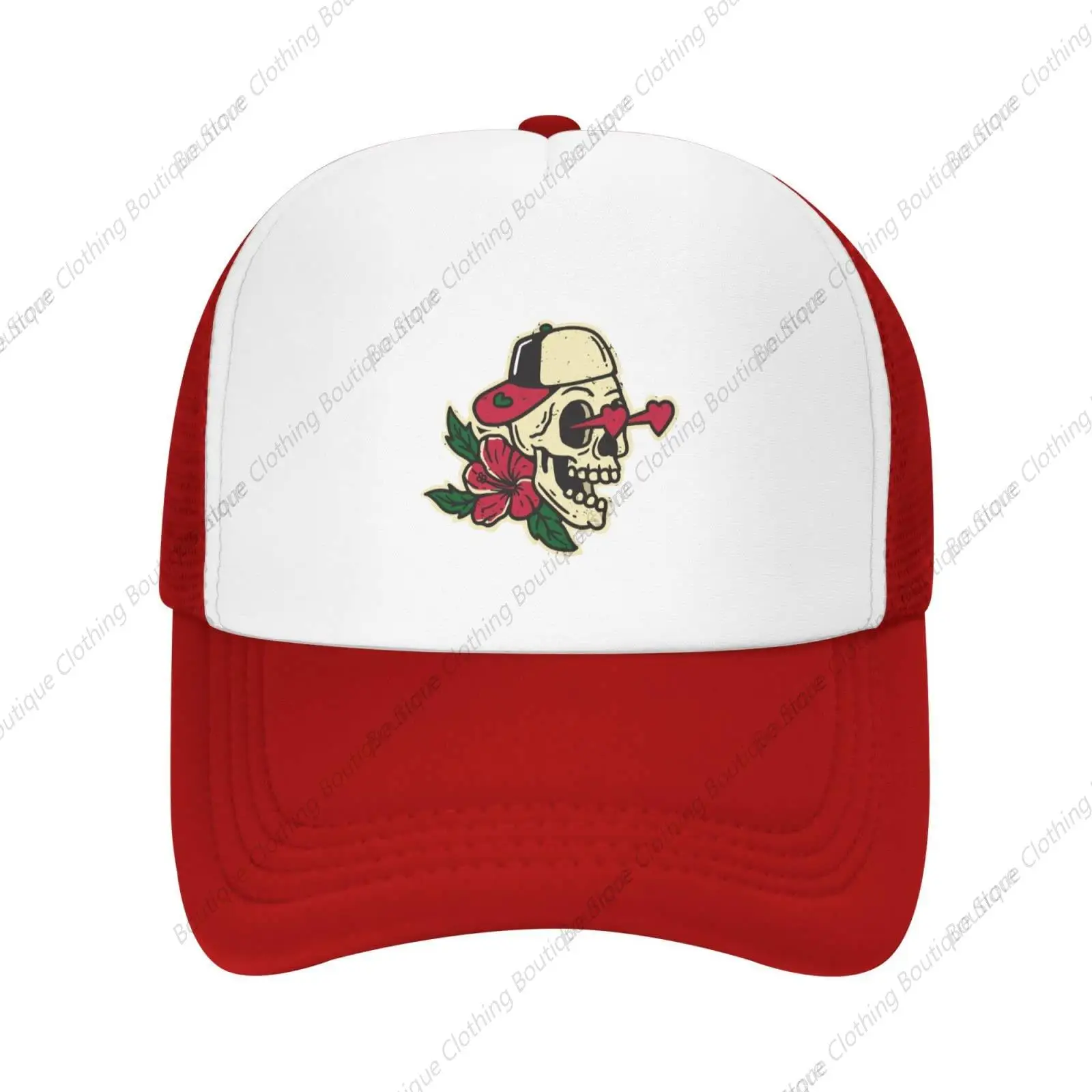 Mesh Dad Hat Adjustable Washed Funny Skull Hibiscus Flower Red Baseball Dad Cap Funny Distressed Ball Trucker Cap for Women Men