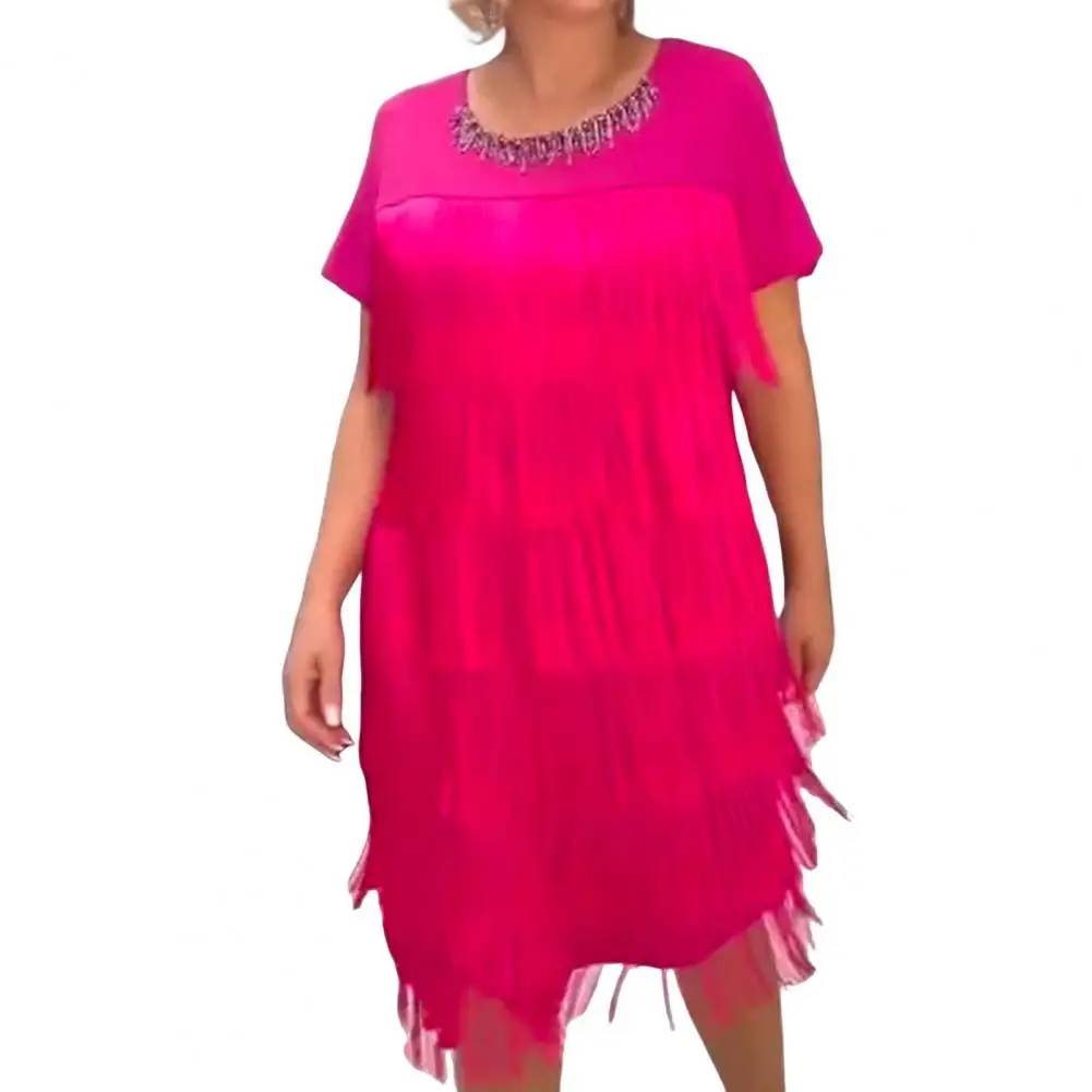 

Soft Touch Dress Stylish Fringe Tassel Midi Dress for Women Short Sleeves O Neck Solid Color Patchwork Slim Fit Knee Length