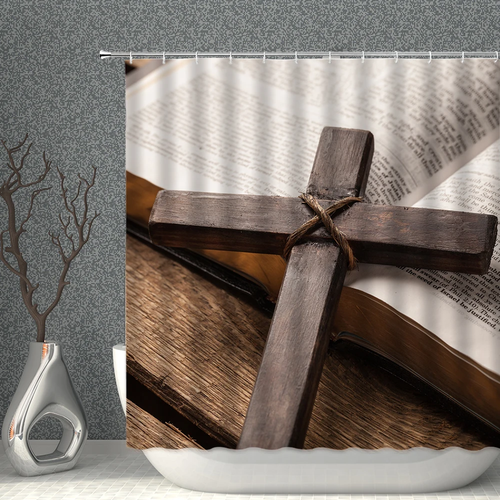 

Jesus Cross Printed Shower Curtain Waterproof Polyester Fabric Bath Curtain Bathroom Partition with Hooks Bathtub Screen Decor