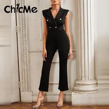 

Chicme Women Double Breasted Sleeveless Blazer Jumpsuit Office Lady's Notched Collar Elegant Blcak Jumpsuit Work Wear