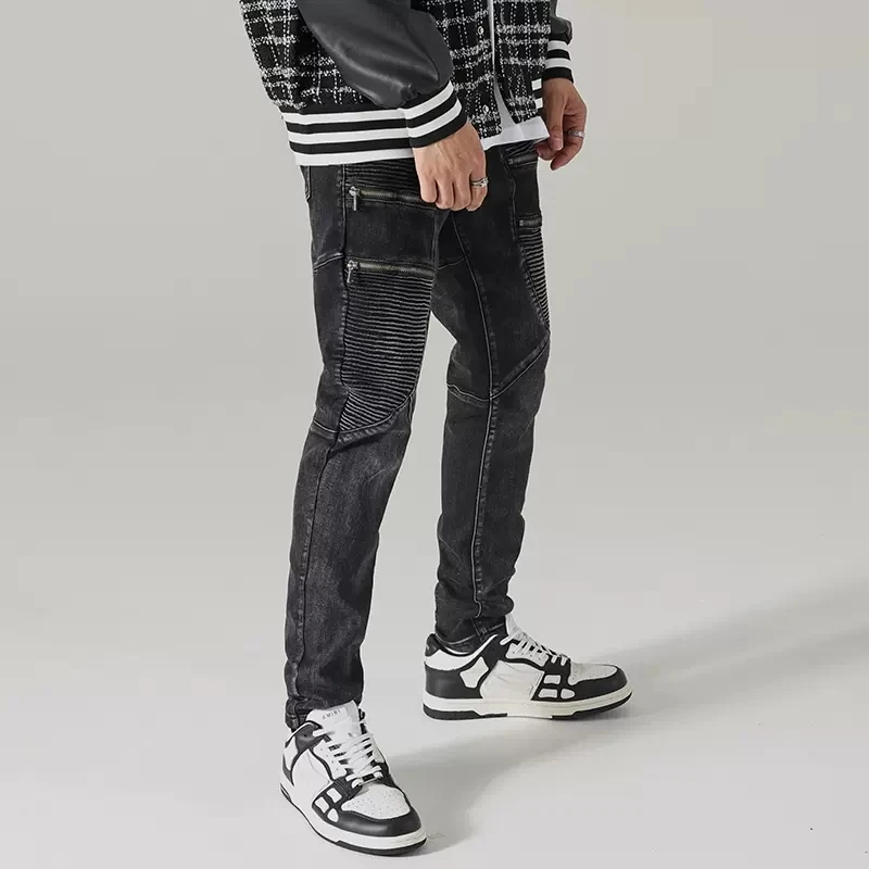 Street Fashion Men Jeans Retro Black Gray Stretch Slim Fit Patched Spliced Biker Jeans Men Zipper Designer Hip Hop Pants Hombre