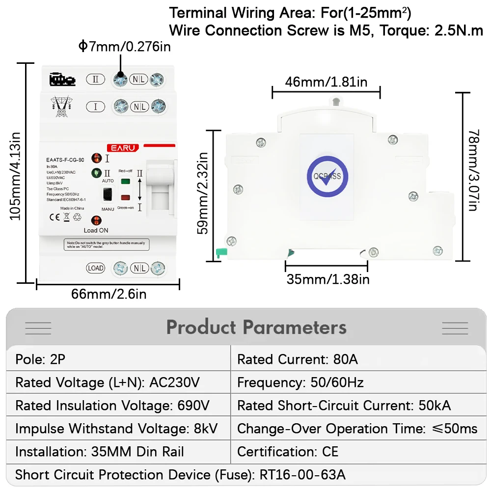 Din Rail Mini 2P 80A AC 220V 230V 50/60Hz ATS Dual Power Automatic Transfer Switch Smart Switch