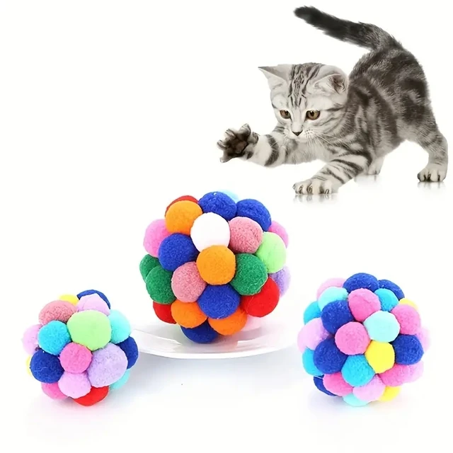 1/3PCS Cat Toys Cat Plush Ball Toy Pet Elastic Bell Ball Self Hi Ball Playing Cat Colorful Woolen Ball 5