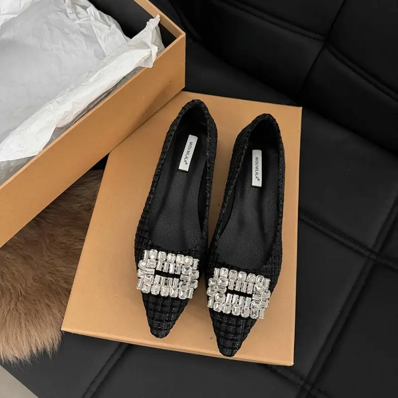 Pointed Flat Shoes for Women's Spring Summer New Shallow Cut  Suede Soft Sole Black Women's Shoes Ladies Large Size 44 5