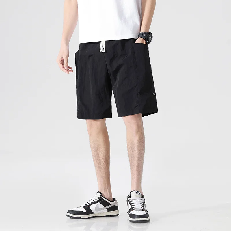 Ice Shreds Trousers Summer New Men's Elastic Drawstring Patchwork Pockets Embroidery Sweatpants Trendy Loose Straight Shorts