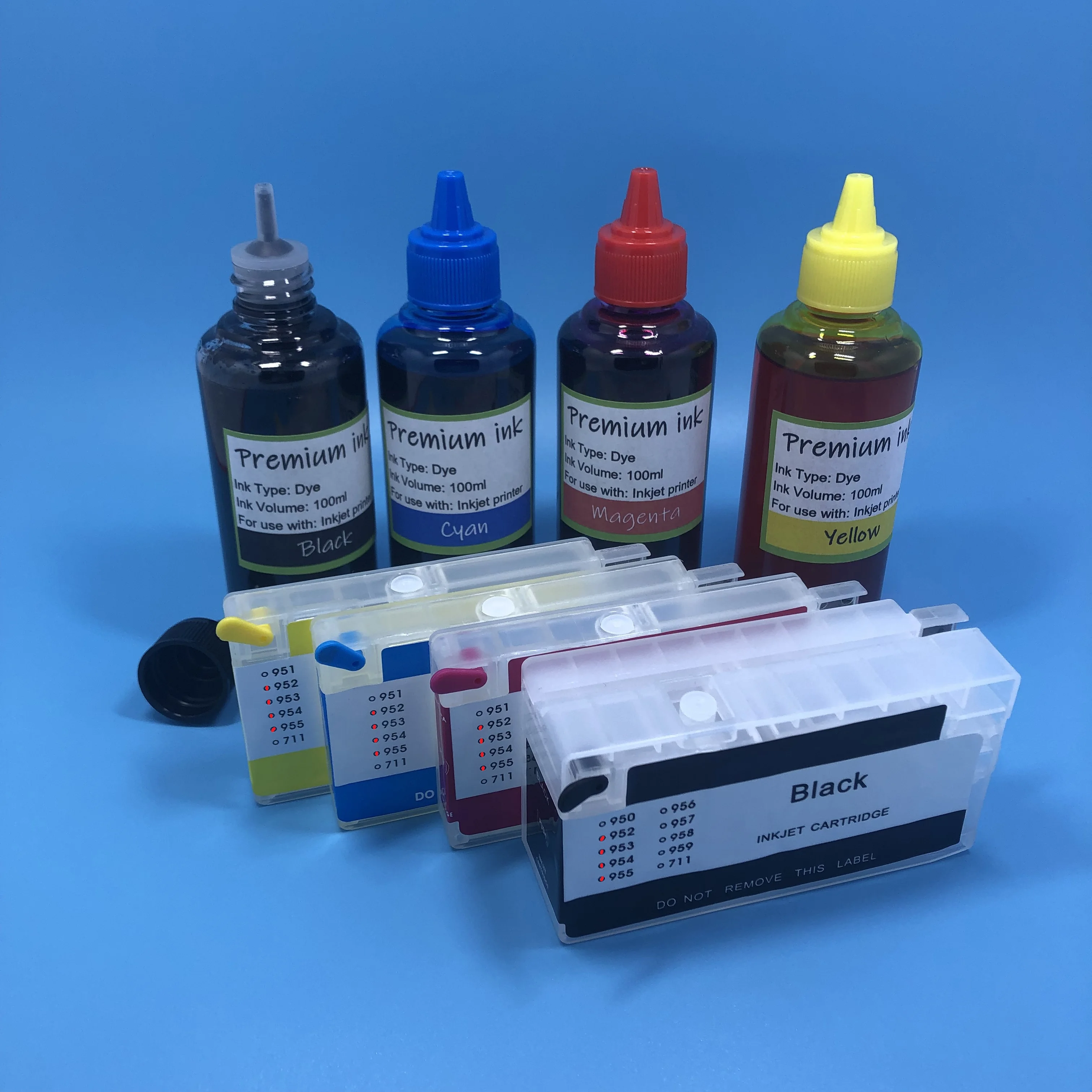 Cartuccia Di Inchiostro Ricaricabile Vuota Da 4 Pezzi Con Inchiostro Dye Arc + 4X100Ml Per Hp 952 953 954 955 7720 Per Hp 7730 7740 8210 8216 8218 870