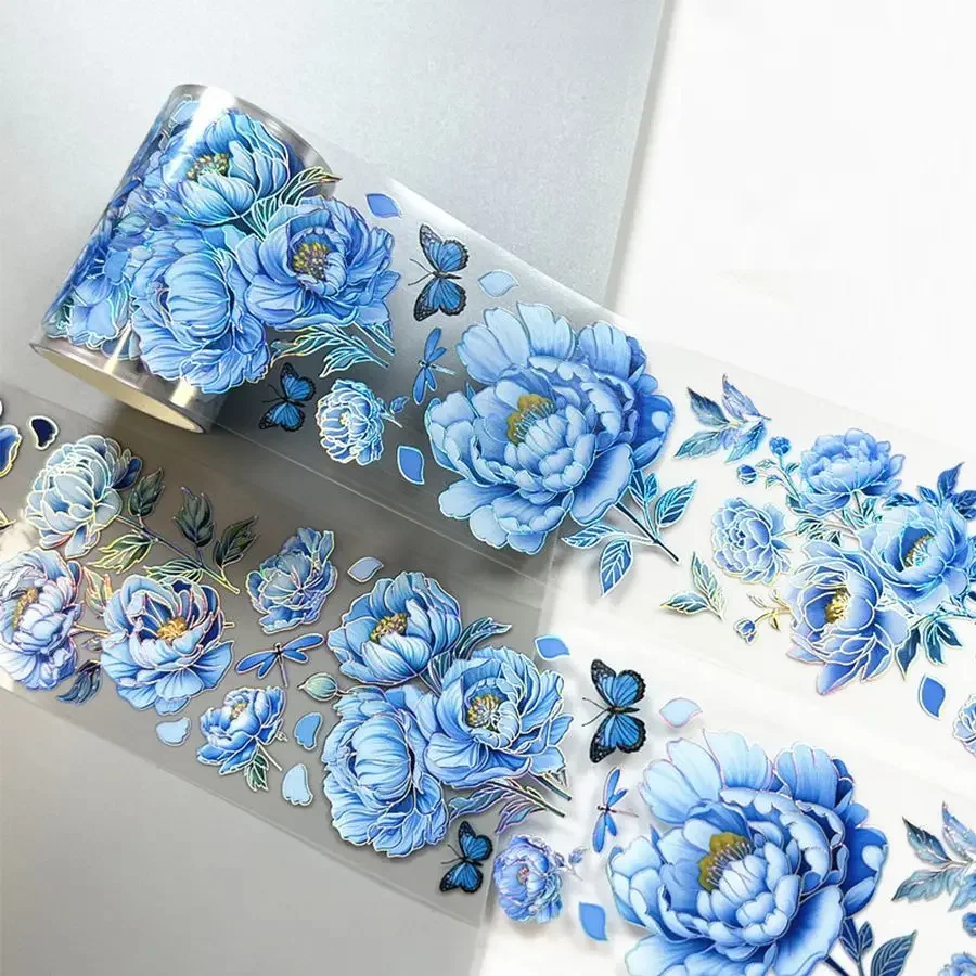 3m/Roll Laser Blue Red Flower PET Tape Decorative Masking Tape Scrapbooking Sticker Journal Aesthetic Stationery 5