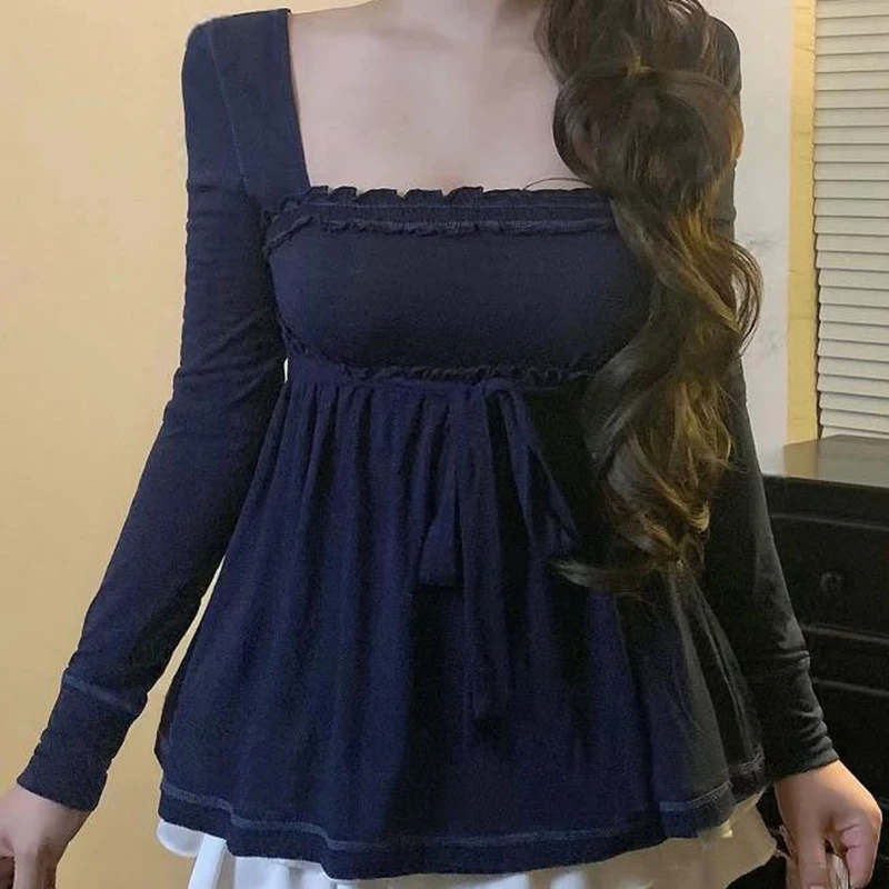 Cottage Fairy Y2k Front Tie-up Milkmaid Tops Women Babydoll T-shirt 90s Vintage Square Collar Long Sleeve Peplum Blouse Tees 4