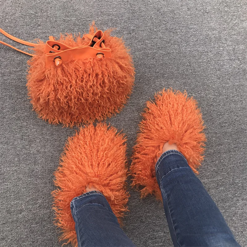 New fashion Women's Party Winter Imitation Wool Shoulder Bag Slippers Set girl's Bucket Bag WBS501
