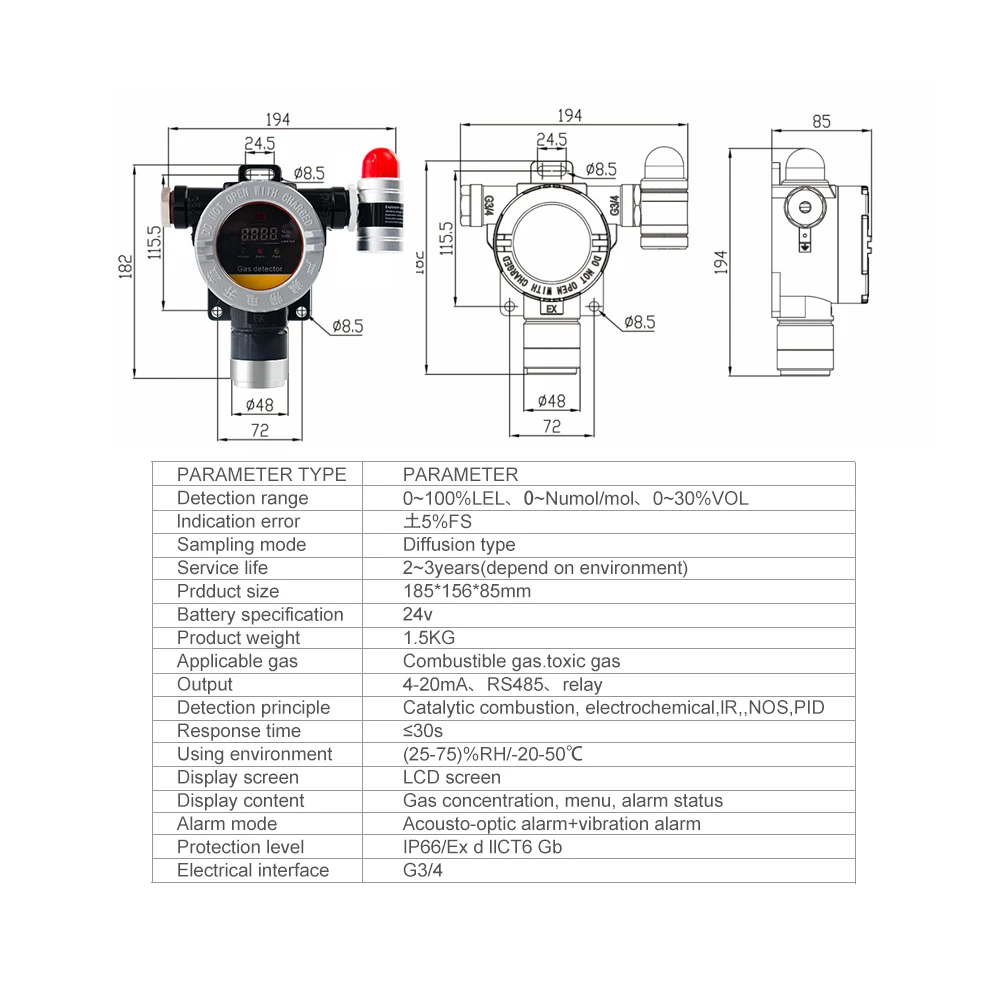 RTTPP 24H Real-Time Fixed Gas Monitor, industry Gas Leakage Detection H2 H2S NH3 CH4 C2H2 EX LEL Toxic Detector