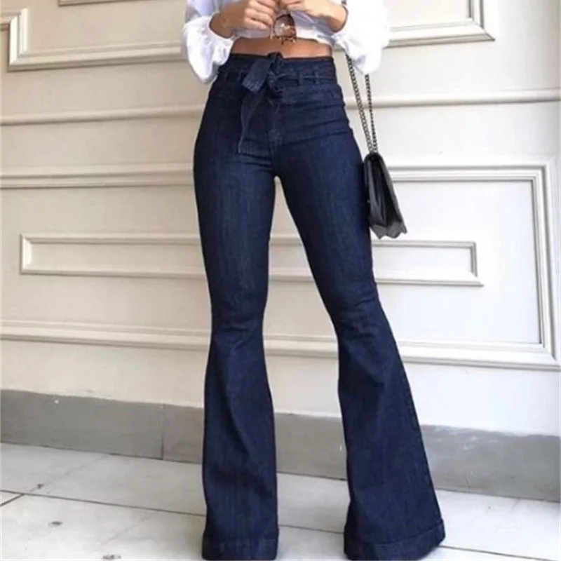 

2022 High Waist Fashion Denim Flared Pants Cotton Lace Up Wide Leg Jeans Women Casual Office Street Vintage Hip Lift Trousers