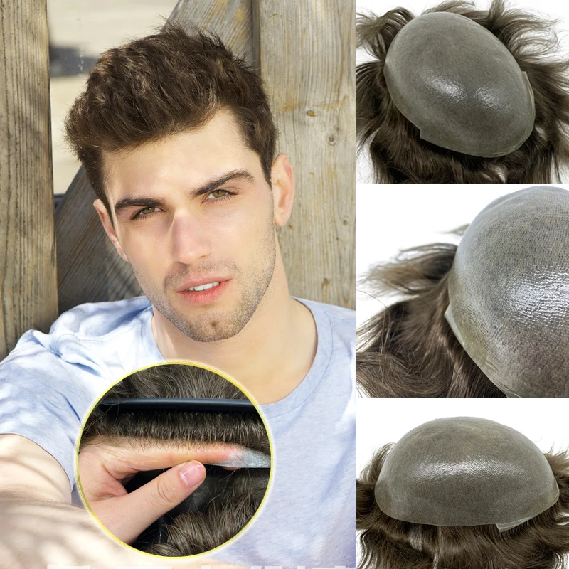 

Thin Skin Full PU Base Men Toupee Wig Natural Hairline Durable Remy Unit Replacement System Male Human Hair Capillary Prosthesis