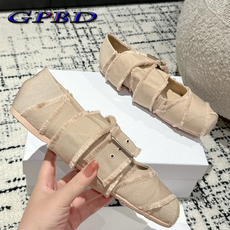 

Женские балетки GPBD на плоской подошве, дизайнерские холщовые туфли ручной работы, металлическая пряжка, Туфли Мэри Джейн, лучшее качество