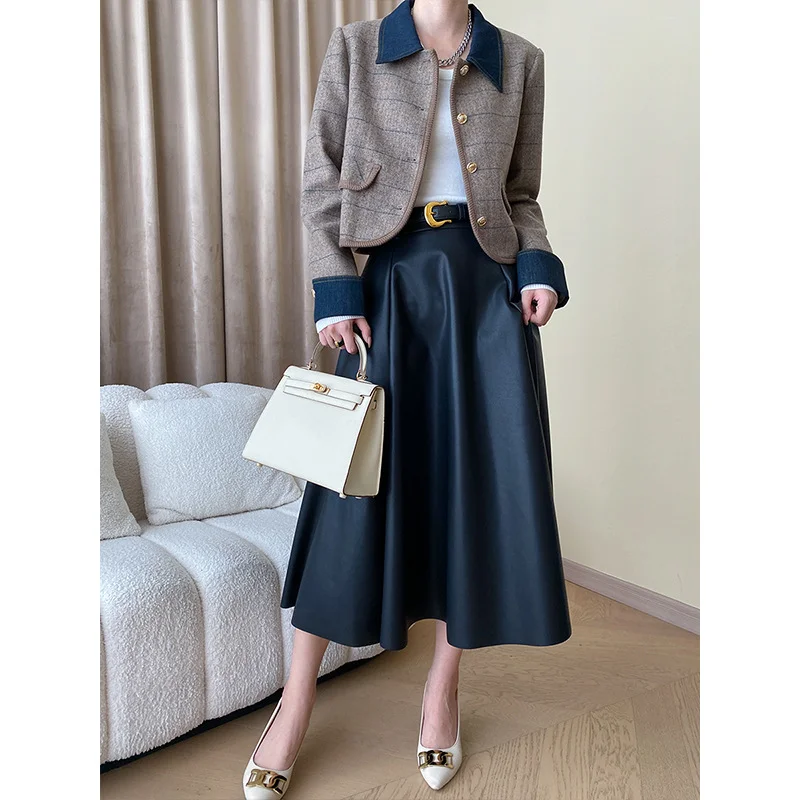 Denim Patchwork French POLO Collar Tweed Jacket Women Autumn Small Fragrance Plaid Casual Loose Khaki Fashion Chic Female Jacket