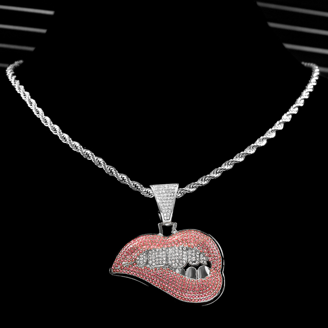 Hop Bite Lip Shape Full Rhinestones Cuban Chain Necklace for Men Women Iced Out Zircon Tennis Chain Necklace Punk Jewelry