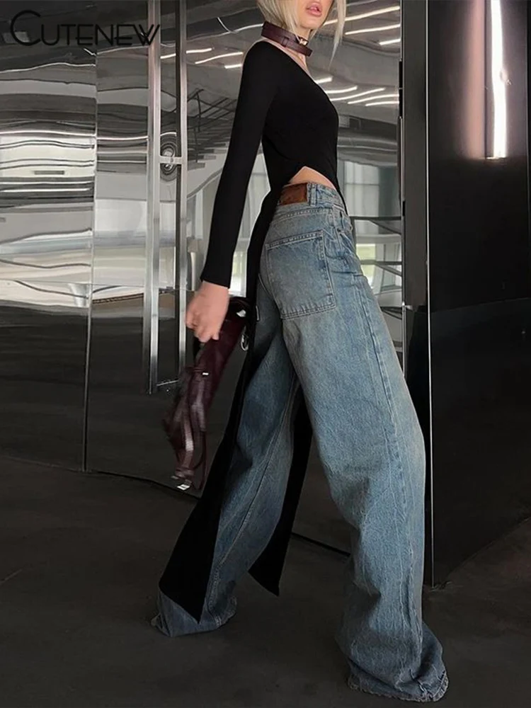 Solid Super Long Tops Women Casual Fashion Full Sleeve Square Neck Splited Skinny Tees Solid Concise Female Classic Wear