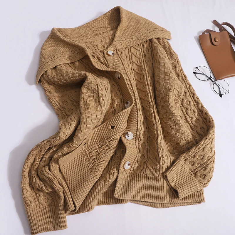 

Autumn Knitted Cardigan Women Button Up Collar Long-sleeved Single-breasted Sweater Casual Loose Soft Solid Color Knitwear