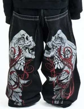 European and American retro skull print classic black straight leg jeans men's y2k casual street hip-hop couple loose jeans