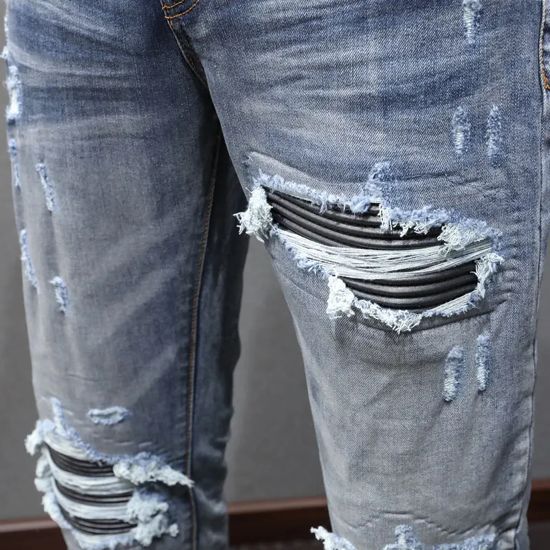 High Street Fashion Men Jeans Retro Blue Stretch Skinny Fit Ripped Jeans Men Leather Patched Designer Hip Hop Brand Pants Hombre