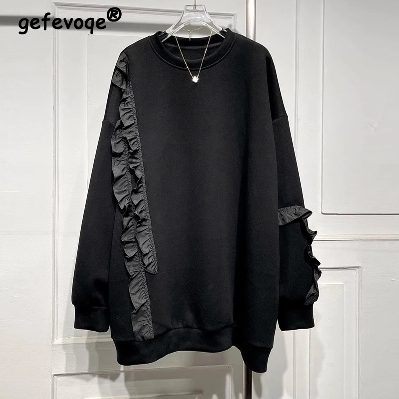 Women Trendy Ruffles Casual Streetwear Chic Oversized Sweatshirt Y2K Autumn Winter Korean Solid Fleece Long Sleeve Pullover Tops