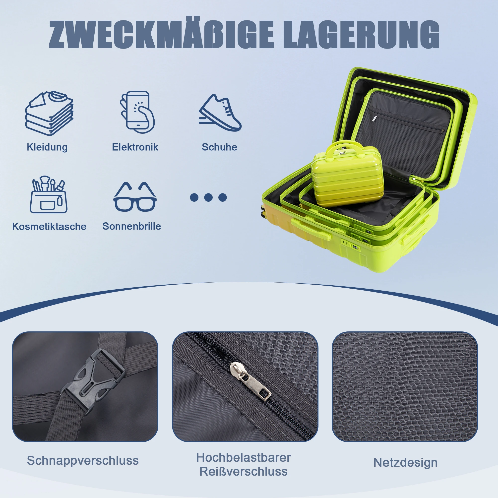 14"/20"/24"/28" 4-teiliges PC-Spinner-Kofferset - mit Seitengriffen, Schutzfüßen, integriertem Zahlenschloss & 14-Zoll-Kosmetiktasche – Detail 6