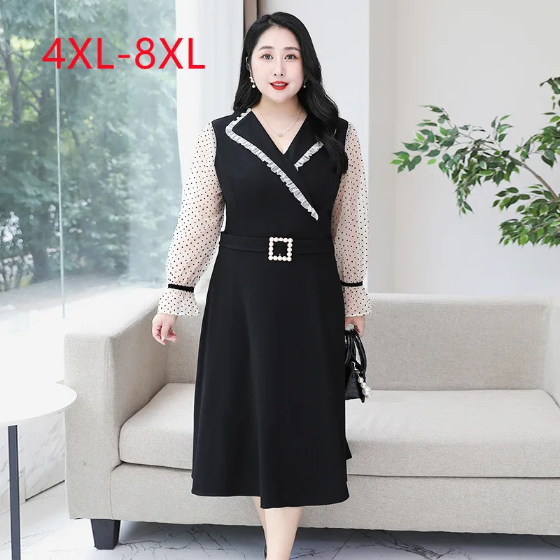 

новый абзац 2022 женский стиль Чуньцю расширенный код женская блуждающая юбка большой код Тереза V воротник чёрное платье 4XL 5XL 6XL 7XL 8XL
