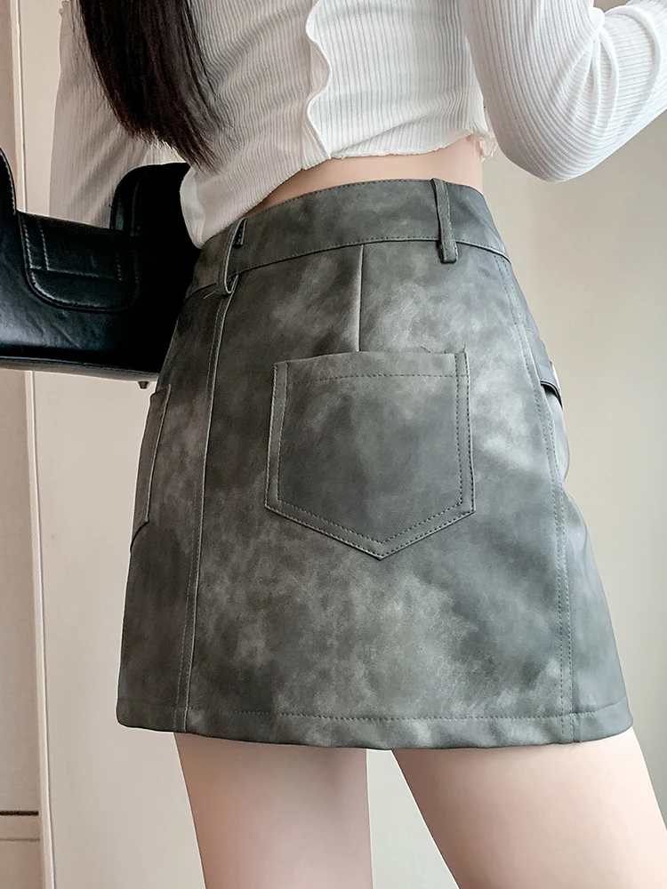 Retro Black PU Skirts High Waist Sexy Mini Skirt Streetwear 2023 Autumn Winter Faux Leather Boot Short Skirts Female Saias Mujer