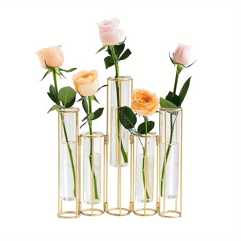 Gold Test Tube Vase Set with Metal Stand