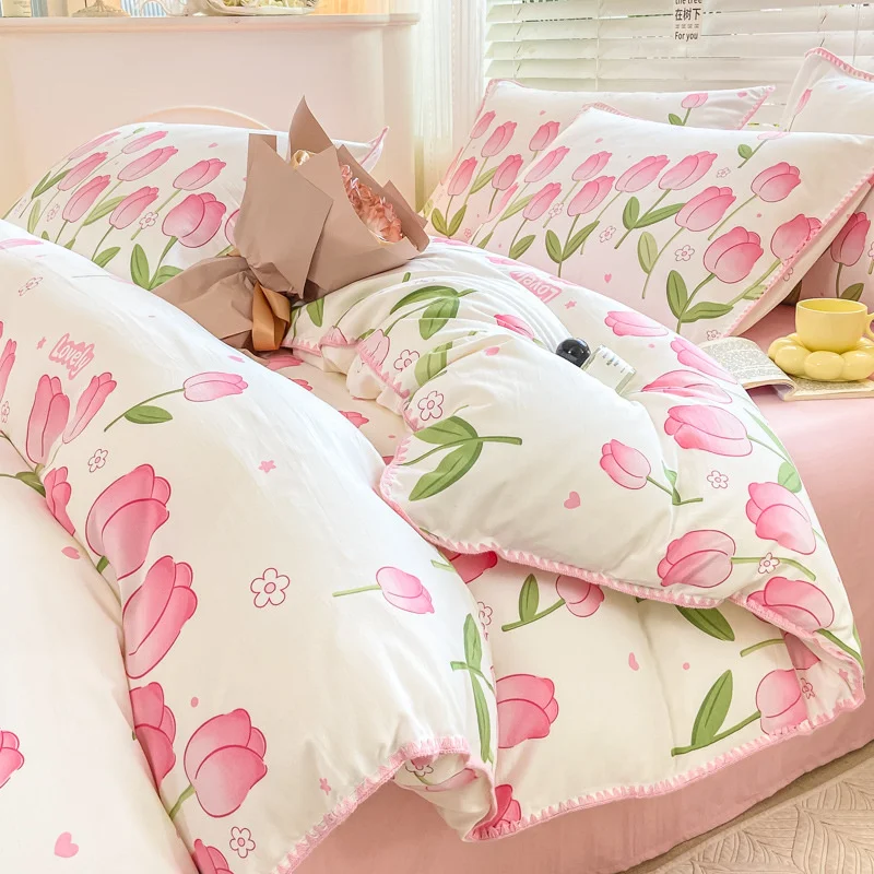 

INS Korean Style Pink Tulip Quilt Cover Girls Women Autumn Winter Single Twin Full Queen Size Duvet Cover Set